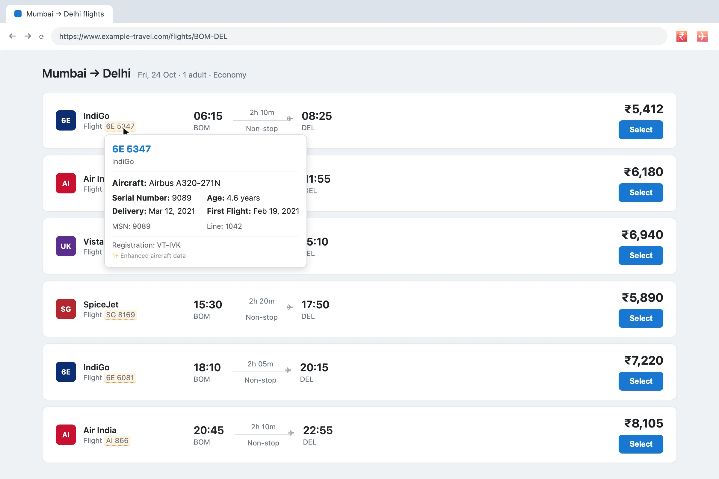 A flight results page where every flight number is marked. Hovering one opens a panel with the aircraft type, serial number, age, delivery and first-flight dates, and registration.