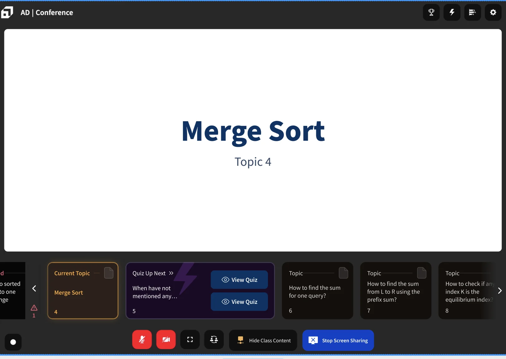 Design of the live class screen: the teaching surface above, and a row of cue cards showing the current topic, an upcoming quiz and the topics still to come.