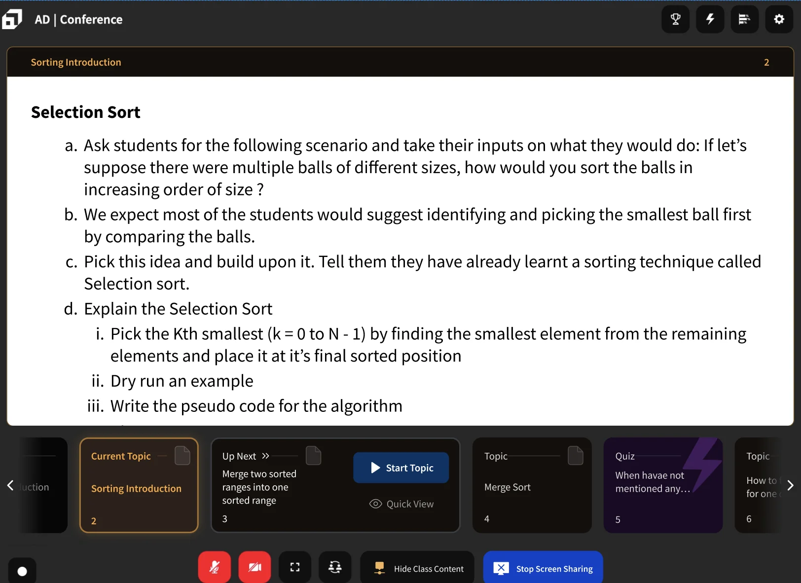 Design of the class screen showing the Selection Sort cue card: the question to ask students, the expected answer, and the steps to explain, with the cue-card row beneath it.
