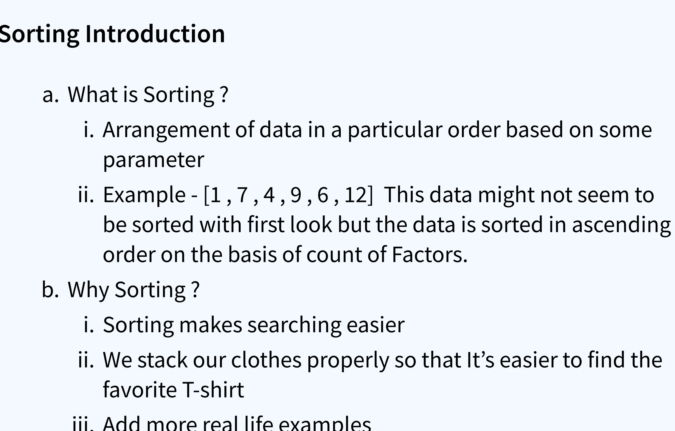 Design of an authored card for Sorting Introduction: what sorting is with a worked example, why sorting matters with an everyday comparison, and a prompt to add more real-life examples.