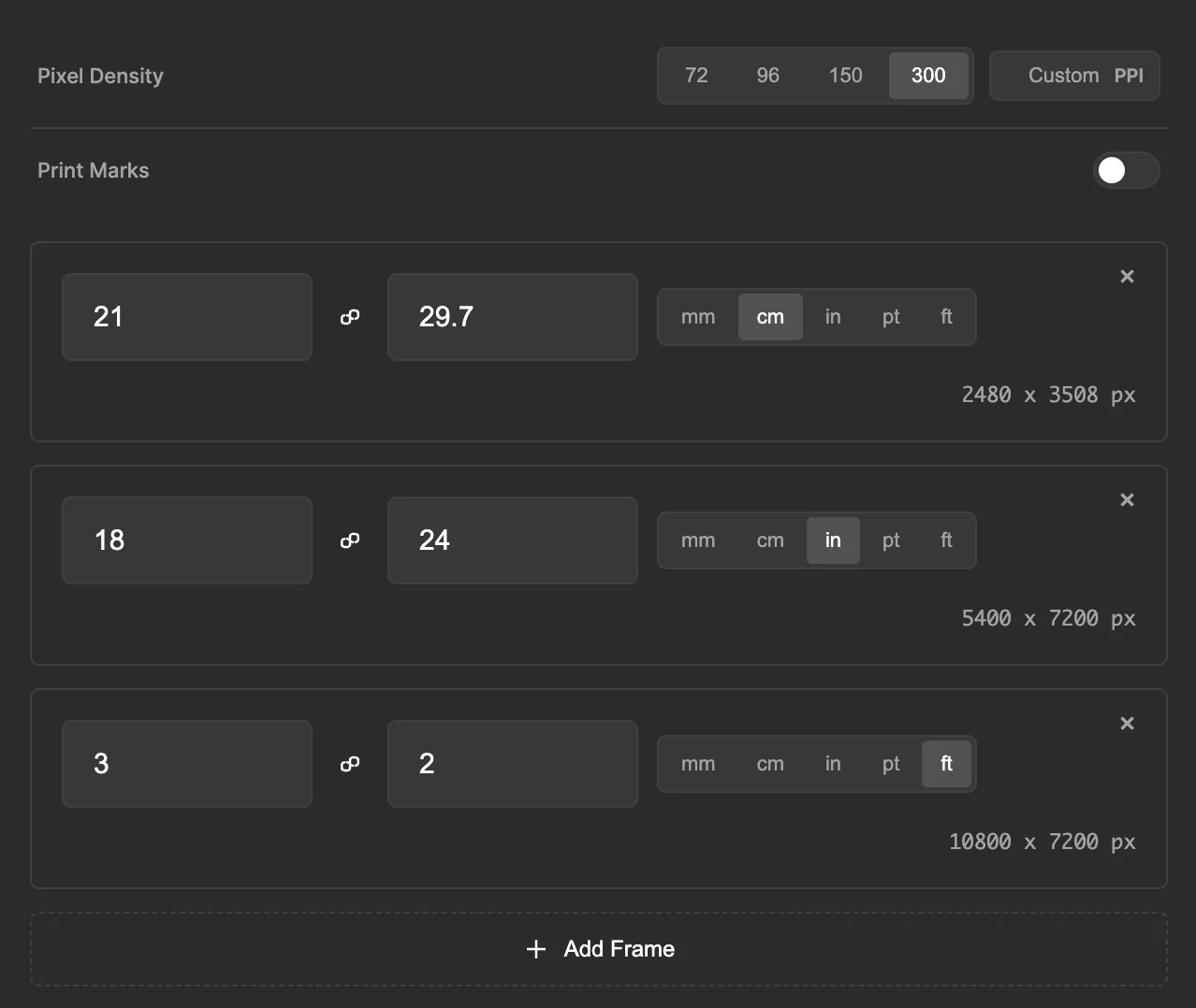 Three rows in the plugin at 300 PPI: 21 by 29.7 cm giving 2480 x 3508 px, 18 by 24 in giving 5400 x 7200 px, and 3 by 2 ft giving 10800 x 7200 px.