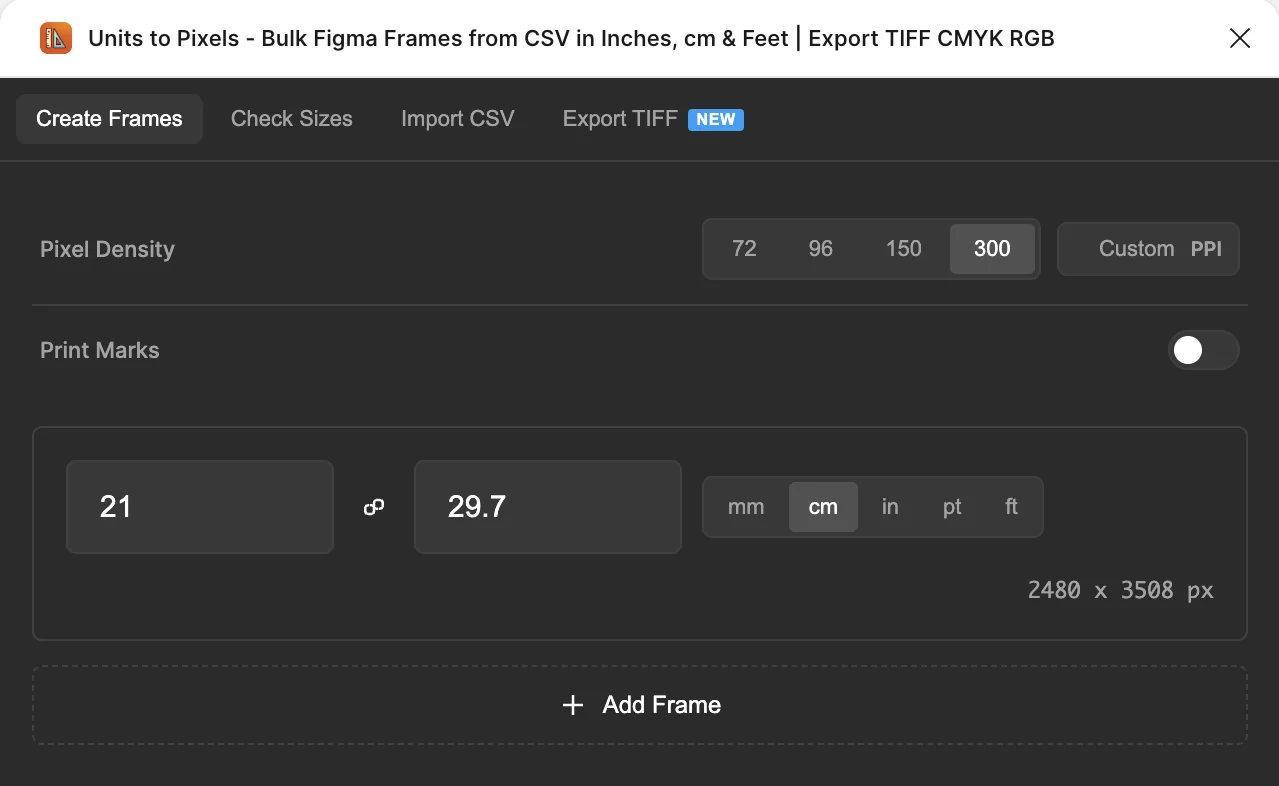 The plugin panel in Figma with pixel density set to 300 PPI, print marks off, and a size of 21 by 29.7 cm, showing the result 2480 x 3508 px.