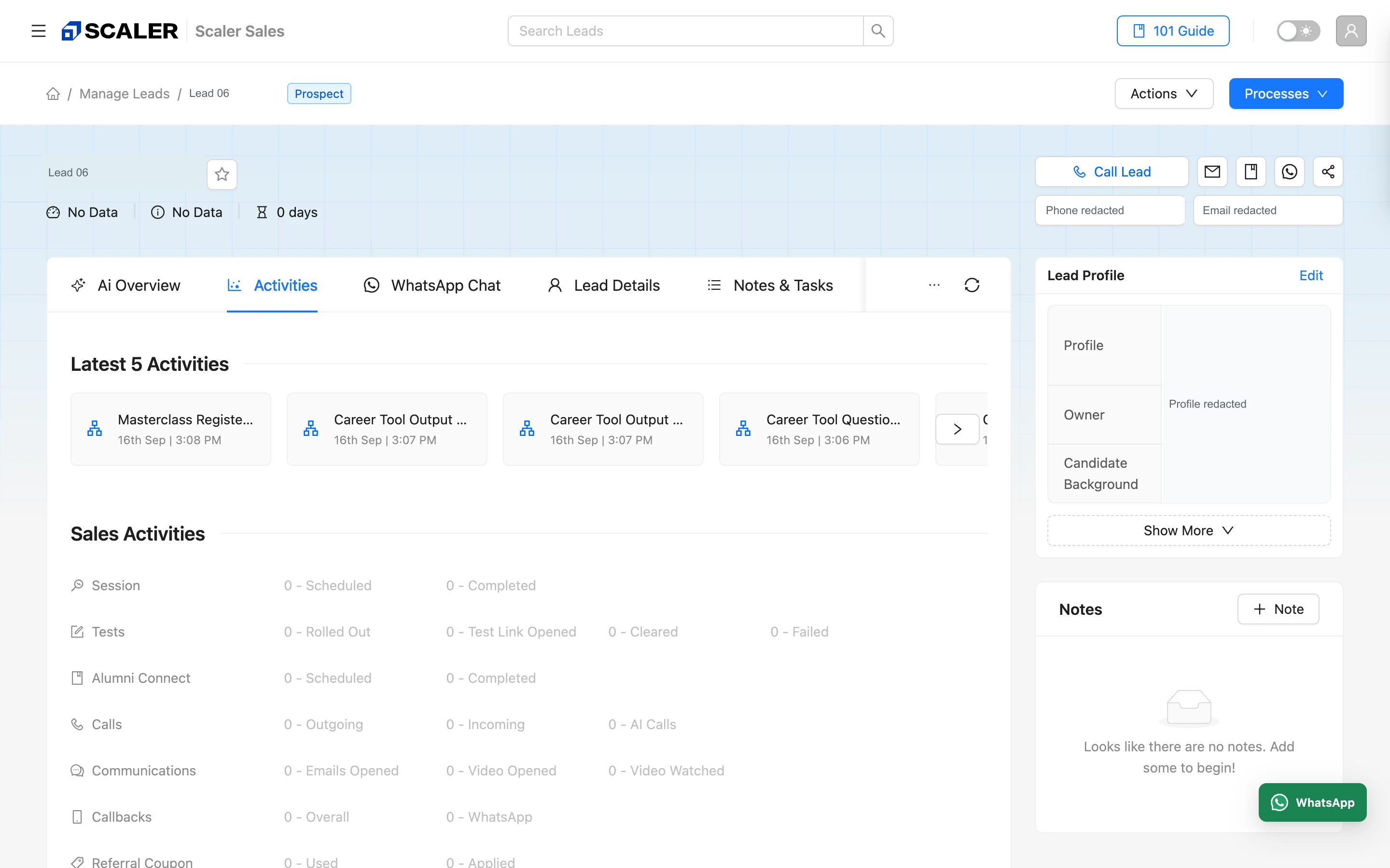 An anonymized lead details screen with recent activities, sales activity counts, a profile panel and notes.