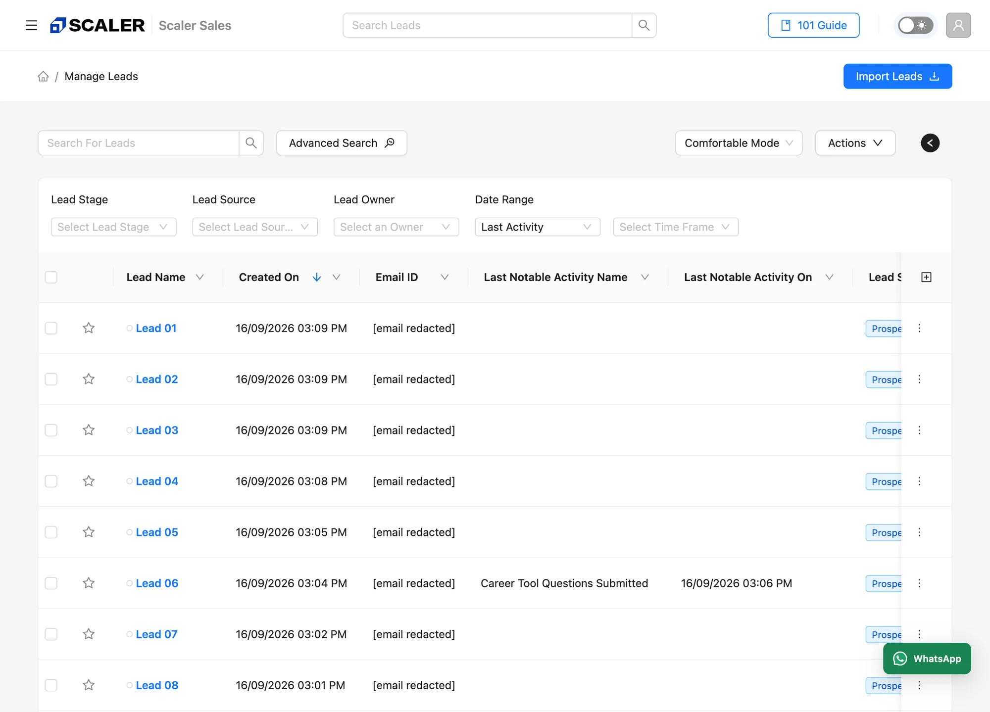 Anonymized CRM lead list with search, stage, source, owner and date filters.