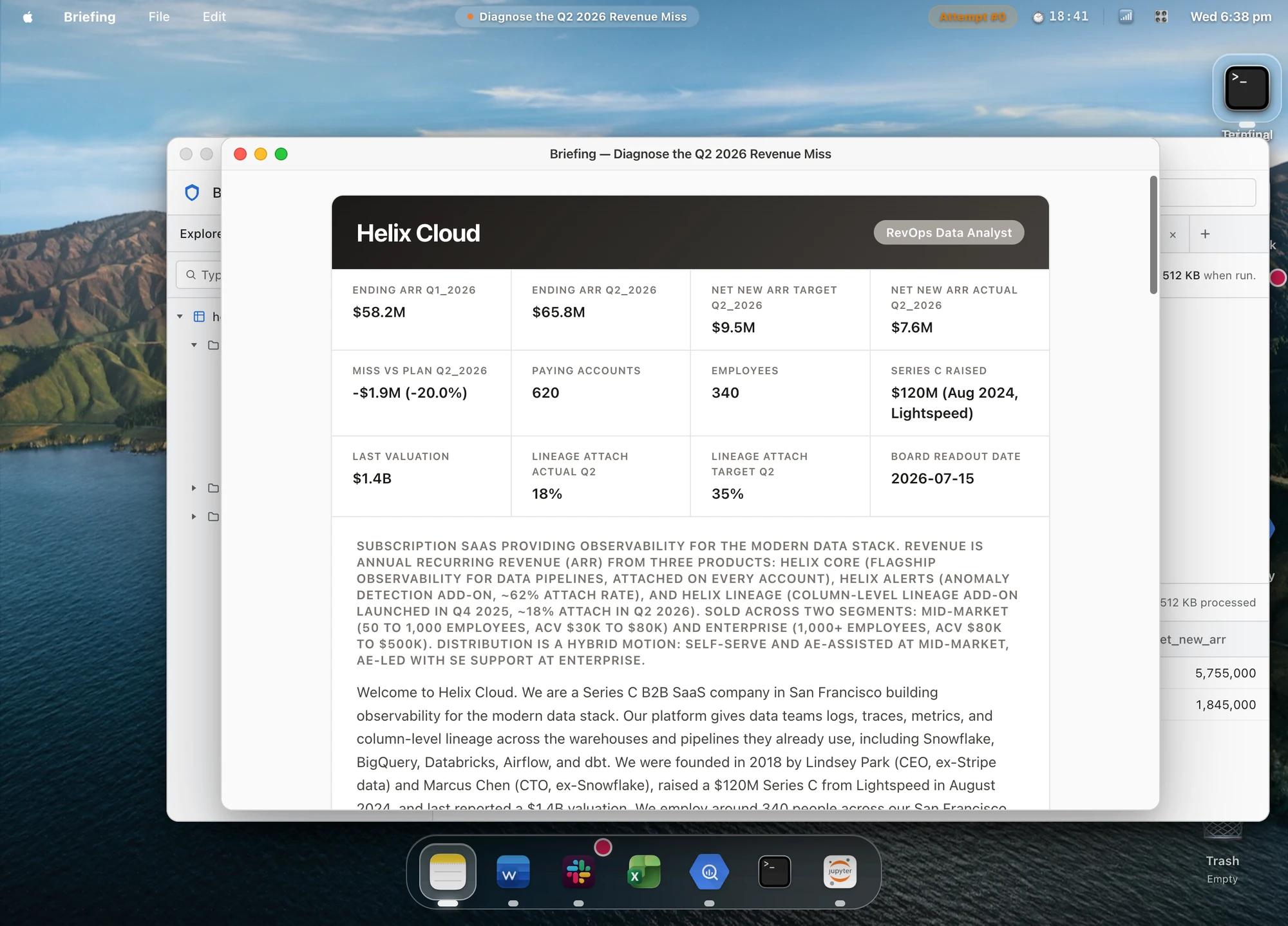 The simulated work desktop with the Helix Cloud briefing, app windows, task timer and seven-app dock.