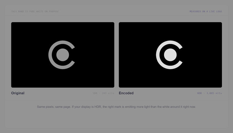 Before and after of an HDR-encoded logo that appears brighter than the page